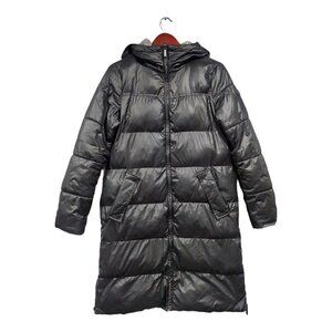 French Connection Women's Black Puffer Trench Coat Plaid Accents Full-Zip Sz M